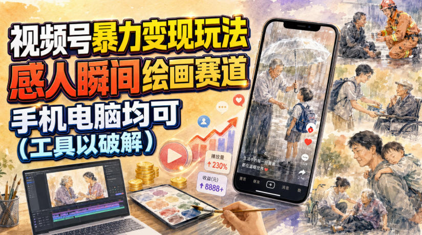 视频号暴力变现玩法，感人瞬间绘画赛道，手机电脑均可武野创库-网创项目资源站-副业项目-创业项目-搞钱项目野创库