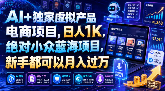 AI+独家虚拟产品电商项目，日人1K，绝对小众蓝海项目，新手都可以月入过万【揭秘】武野创库-网创项目资源站-副业项目-创业项目-搞钱项目野创库