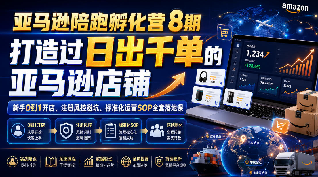 亚马逊陪跑孵化营8期，打造过日出千单的亚马逊店铺，新手0到1开店、注册风控避坑、标准化运营SOP全套落地课武野创库-网创项目资源站-副业项目-创业项目-搞钱项目野创库