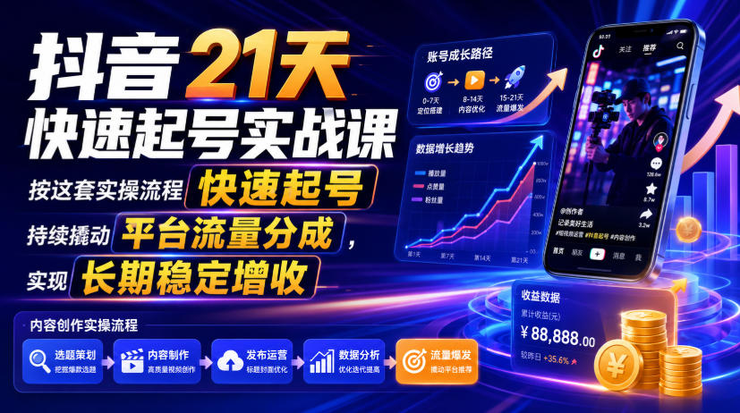 抖音21天快速起号实战课，按这套实操流程快速起号，持续撬动平台流量分成，实现长期稳定增收武野创库-网创项目资源站-副业项目-创业项目-搞钱项目野创库