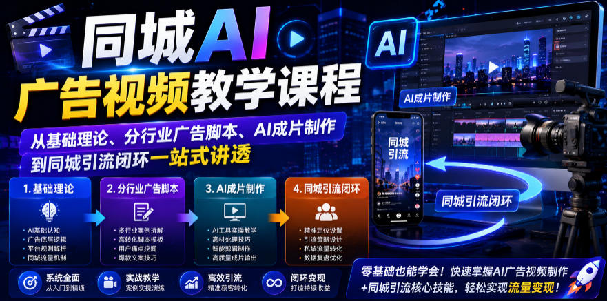 同城AI广告视频教学课程，从基础理论、分行业广告脚本、AI成片制作到同城引流闭环一站式讲透武野创库-网创项目资源站-副业项目-创业项目-搞钱项目野创库