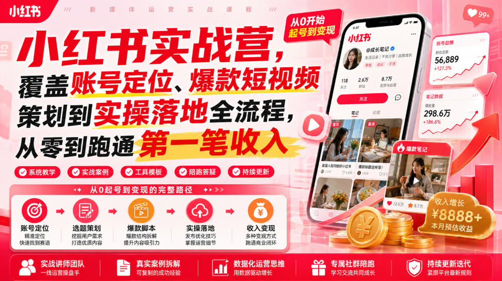 小红书实战营，覆盖账号定位、爆款短视频策划到实操落地全流程，从零到跑通第一笔收入武野创库-网创项目资源站-副业项目-创业项目-搞钱项目野创库