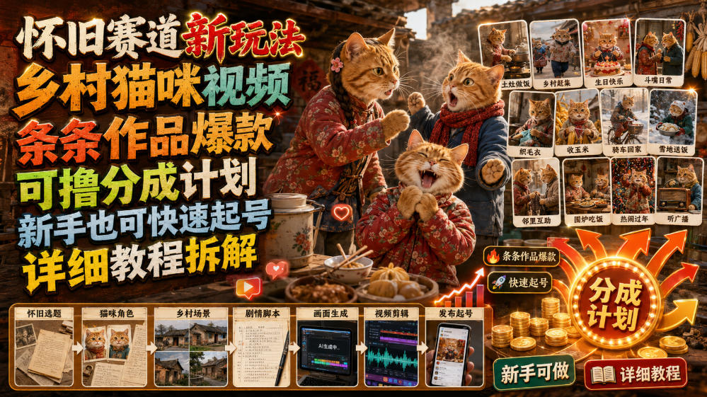 怀旧赛道新玩法，乡村猫咪视频，条条作品爆款，可撸分成计划，新手也可快速起号，详细教程拆解武野创库-网创项目资源站-副业项目-创业项目-搞钱项目野创库