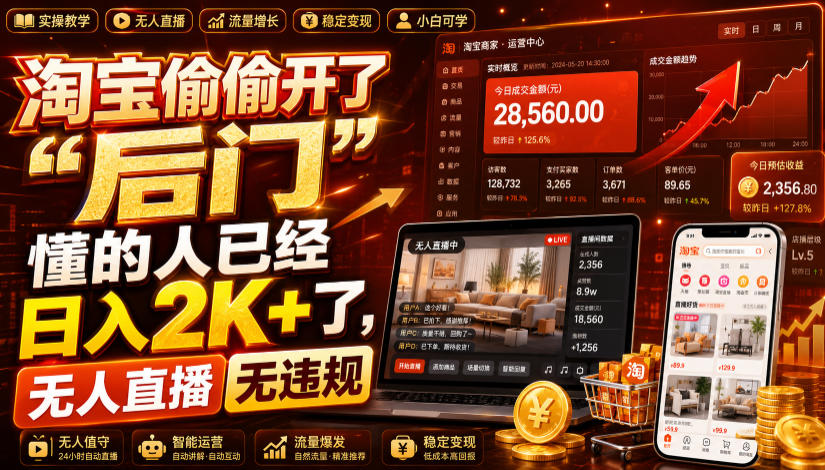 淘宝偷偷开了“后门”，懂的人已经日入2K+了，无人直播无违规，一台电脑=一家24小时营业的线上门店【揭秘】武野创库-网创项目资源站-副业项目-创业项目-搞钱项目野创库
