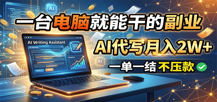 一台电脑就能干的副业，AI代写月入2W+，一单一结不压款武野创库-网创项目资源站-副业项目-创业项目-搞钱项目野创库