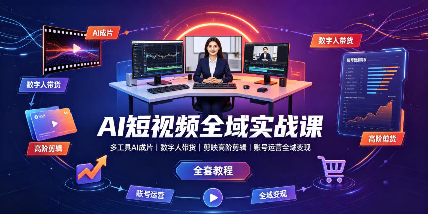 AI短视频全域实战课｜多工具AI成片、数字人带货、剪映高阶剪辑、账号运营全域变现全套教程武野创库-网创项目资源站-副业项目-创业项目-搞钱项目野创库