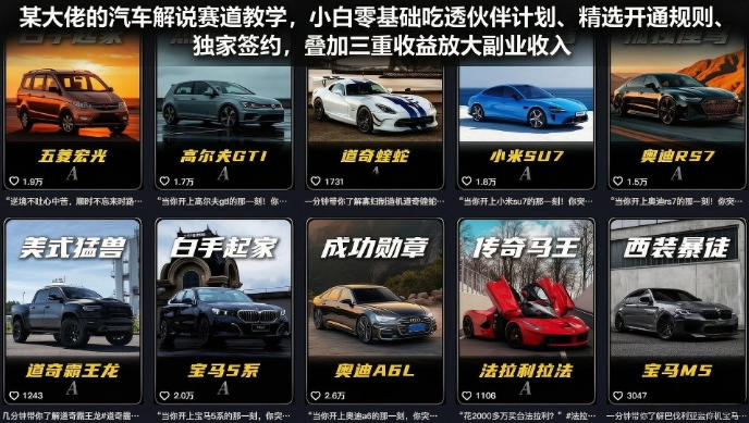 某大佬的汽车解说赛道教学，小白零基础吃透伙伴计划、精选开通规则、独家签约，叠加三重收益放大副业收入武野创库-网创项目资源站-副业项目-创业项目-搞钱项目野创库