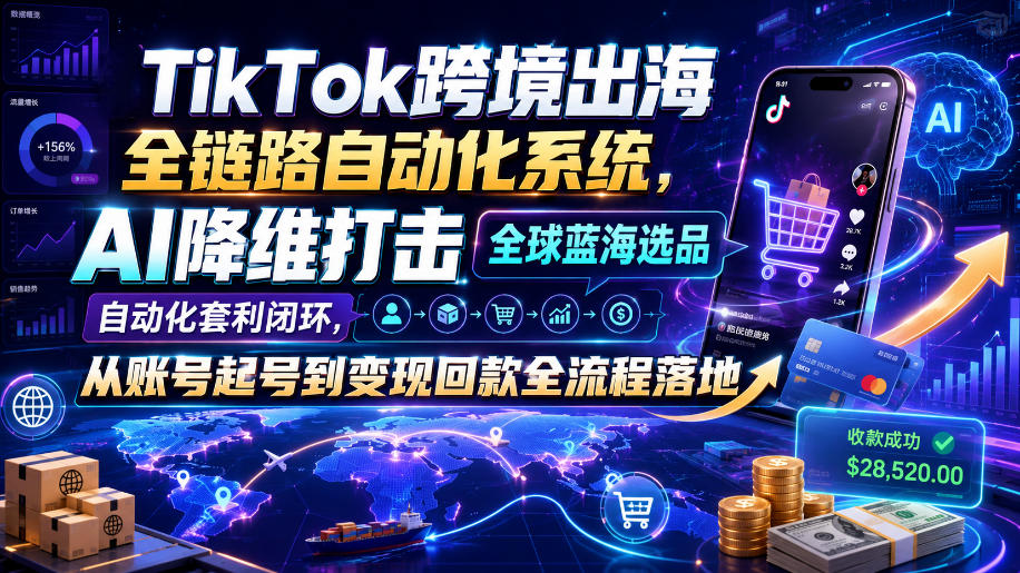 TikTok跨境出海全链路自动化系统，AI降维打击全球蓝海选品自动化套利闭环，从账号起号到变现回款全流程落地（2026年7月）武野创库-网创项目资源站-副业项目-创业项目-搞钱项目野创库