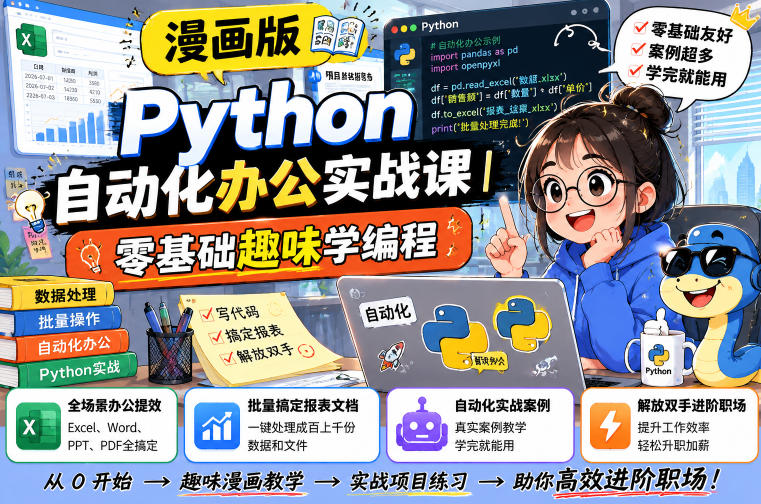 漫画版Python自动化办公实战课｜零基础趣味学编程，全场景办公提效、批量搞定报表文档、解放双手进阶职场武野创库-网创项目资源站-副业项目-创业项目-搞钱项目野创库