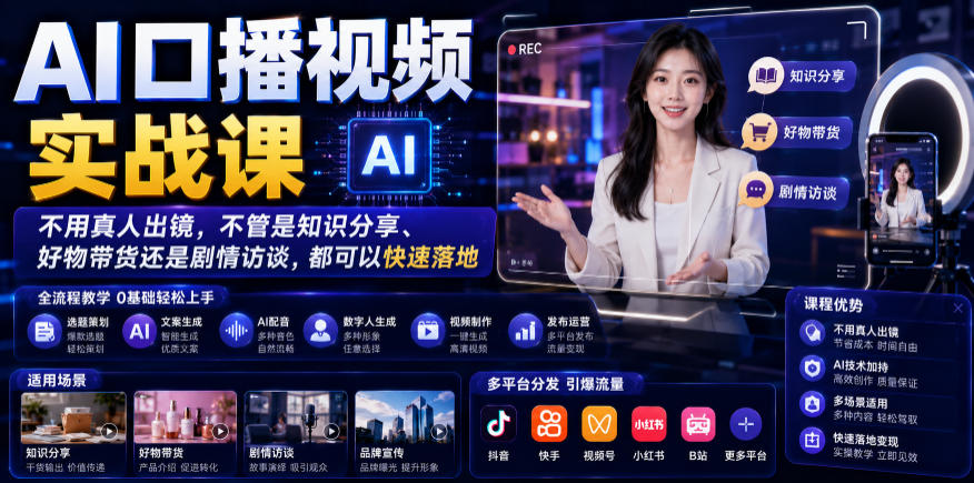 AI口播视频实战课，不用真人出镜，不管是知识分享、好物带货还是剧情访谈，都可以快速落地武野创库-网创项目资源站-副业项目-创业项目-搞钱项目野创库