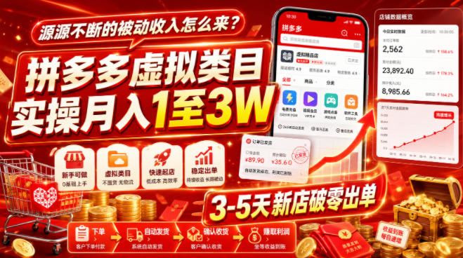 源源不断的被动收入怎么来？拼多多虚拟类目实操月入1至3W，3-5天新店破零出单武野创库-网创项目资源站-副业项目-创业项目-搞钱项目野创库