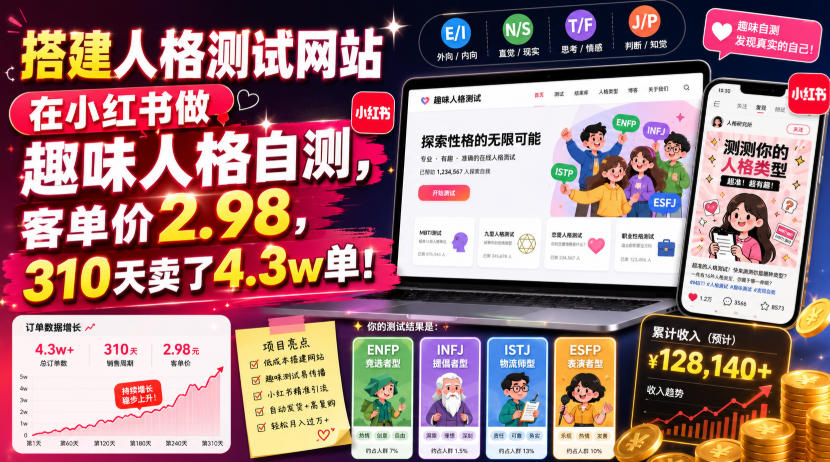 搭建人格测试网站在小红书做趣味人格自测，客单价2.98，310天卖了4.3w单！武野创库-网创项目资源站-副业项目-创业项目-搞钱项目野创库