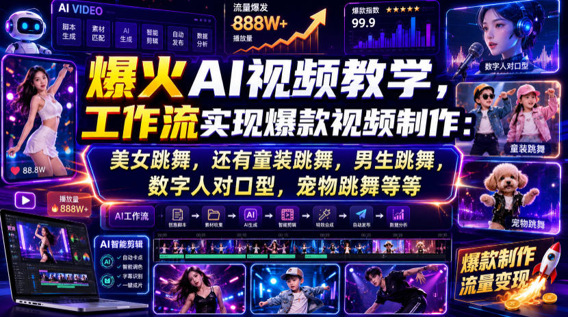 爆火AI视频教学，工作流实现爆款视频制作：美女跳舞，还有童装跳舞，男生跳舞，数字人对口型，宠物跳舞等等武野创库-网创项目资源站-副业项目-创业项目-搞钱项目野创库
