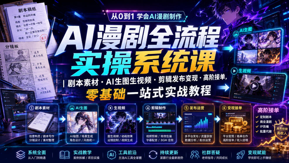 AI漫剧全流程实操系统课｜剧本素材・AI生图生视频・剪辑发布变现・高阶接单，零基础一站式实战教程武野创库-网创项目资源站-副业项目-创业项目-搞钱项目野创库