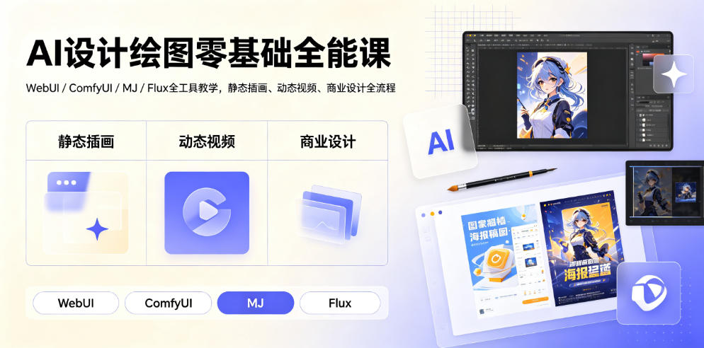 AI设计绘图零基础全能课｜WebUI/ComfyUI/MJ/Flux全工具教学，静态插画、动态视频、商业设计全流程武野创库-网创项目资源站-副业项目-创业项目-搞钱项目野创库