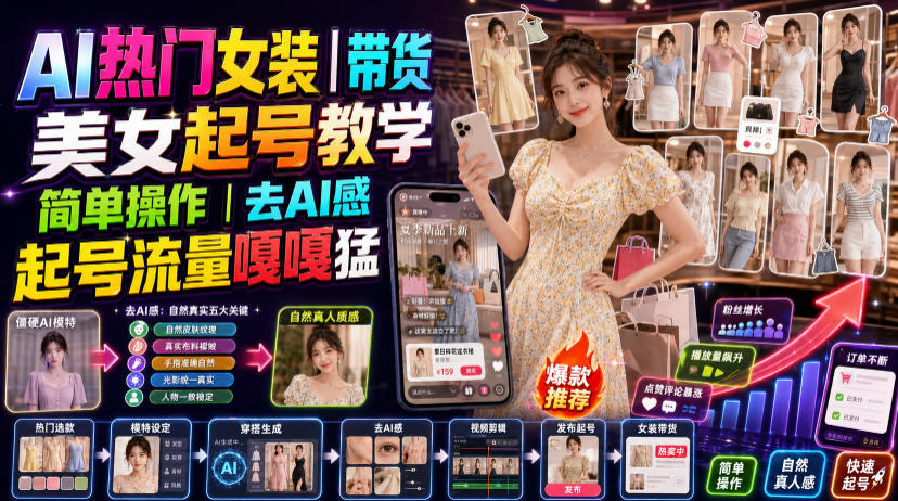AI热门女装带货丨美女起号教学，简单操作，去AI感，起号流量嘎嘎猛武野创库-网创项目资源站-副业项目-创业项目-搞钱项目野创库