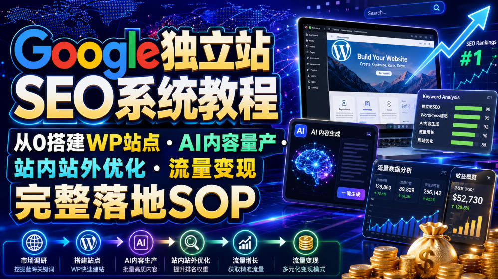 Google独立站SEO系统教程，从0搭建WP站点・AI内容量产・站内站外优化・流量变现完整落地SOP（2026年7月）武野创库-网创项目资源站-副业项目-创业项目-搞钱项目野创库