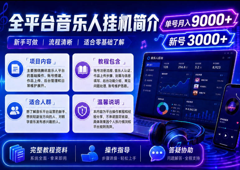 全平台音乐类挂G，单机单号月入9000+，可矩阵，可工作室放大操作【揭秘】武野创库-网创项目资源站-副业项目-创业项目-搞钱项目野创库