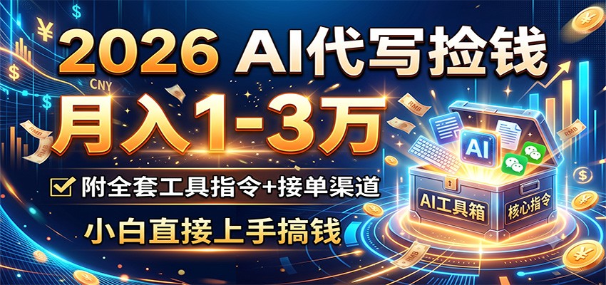2026 AI代写捡钱,月入1-3万,附全套工具指令+接单渠道,小白直接上手搞钱武野创库-网创项目资源站-副业项目-创业项目-搞钱项目野创库