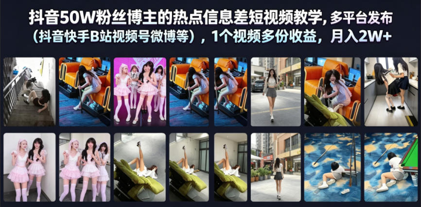 抖音50W粉丝博主的热点信息差教学，多平台发布（抖音快手B站视频号微博等），1个视频多份收益，月入2W+武野创库-网创项目资源站-副业项目-创业项目-搞钱项目野创库