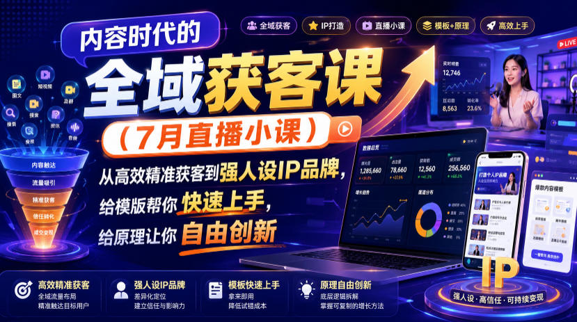 内容时代的全域获客课（7月直播小课），从高效精准获客到强人设IP品牌，给模版帮你快速上手，给原理让你自由创新武野创库-网创项目资源站-副业项目-创业项目-搞钱项目野创库