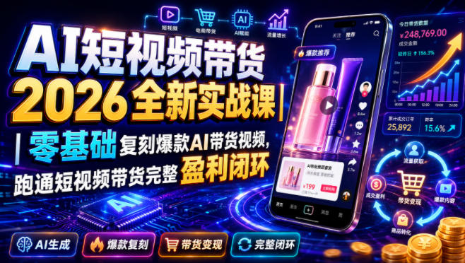 AI短视频带货2026全新实战课｜零基础复刻爆款AI带货视频，跑通短视频带货完整盈利闭环武野创库-网创项目资源站-副业项目-创业项目-搞钱项目野创库