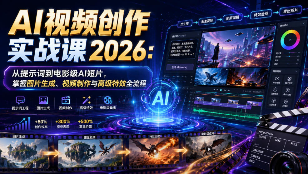 AI视频创作实战课2026：从提示词到电影级AI短片，掌握图片生成、视频制作与高级特效全流程武野创库-网创项目资源站-副业项目-创业项目-搞钱项目野创库