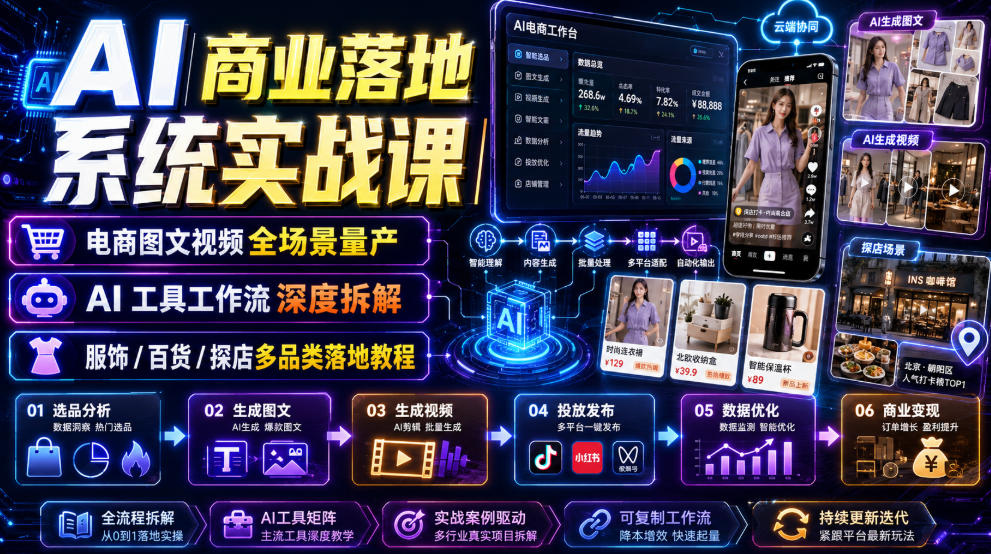 AI商业落地系统实战课｜电商图文视频全场景量产・AI工具工作流深度拆解・服饰/百货/探店多品类落地教程武野创库-网创项目资源站-副业项目-创业项目-搞钱项目野创库