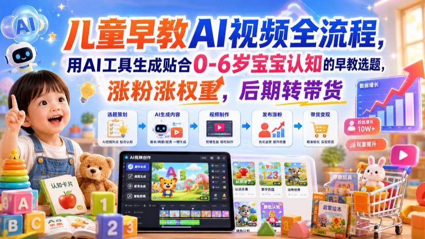 儿童早教AI视频全流程，用AI工具生成贴合0-6岁宝宝认知的早教选题，涨粉涨权重，后期转带货武野创库-网创项目资源站-副业项目-创业项目-搞钱项目野创库