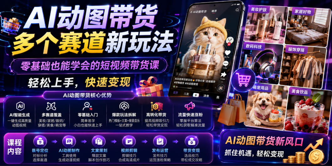 AI动图带货多个赛道新玩法，零基础也能学会的短视频带货课，轻松上手，快速变现武野创库-网创项目资源站-副业项目-创业项目-搞钱项目野创库