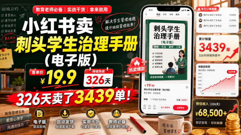 小红书卖刺头学生治理手册（电子版），客单价19.9，326天卖了3439单！武野创库-网创项目资源站-副业项目-创业项目-搞钱项目野创库