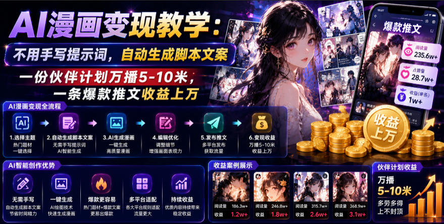 AI漫画变现教学：不用手写提示词，自动生成脚本文案，一份伙伴计划万播5-10米，一条爆款推文收益上W武野创库-网创项目资源站-副业项目-创业项目-搞钱项目野创库