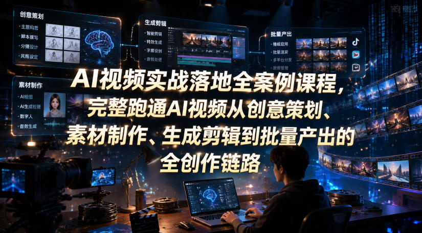 AI视频实战落地全案例课程，完整跑通AI视频从创意策划、素材制作、生成剪辑到批量产出的全创作链路武野创库-网创项目资源站-副业项目-创业项目-搞钱项目野创库