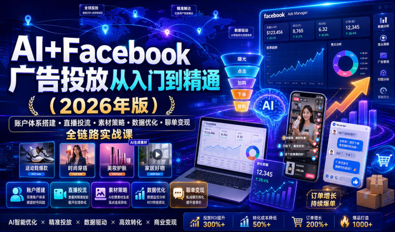 AI+Facebook广告投放从入门到精通（2026年版）｜账户体系搭建・直播投流・素材策略・数据优化・聊单变现全链路实战课武野创库-网创项目资源站-副业项目-创业项目-搞钱项目野创库