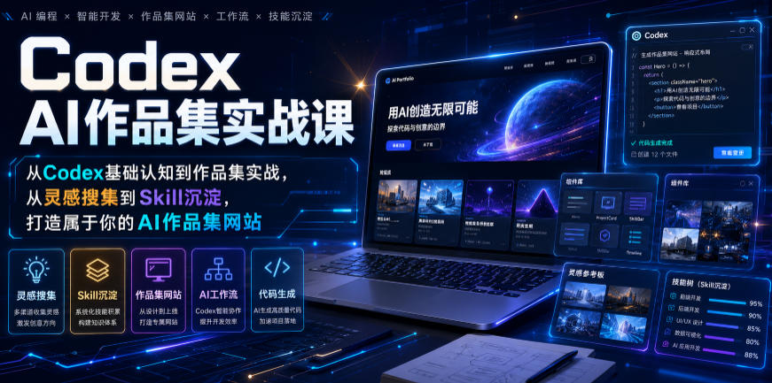 Codex AI作品集实战课，从Codex基础认知到作品集实战，从灵感搜集到Skill沉淀，打造属于你的AI作品集网站武野创库-网创项目资源站-副业项目-创业项目-搞钱项目野创库