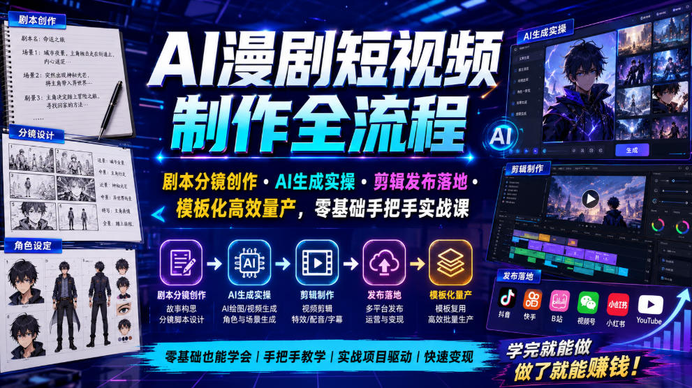 AI漫剧短视频制作全流程｜剧本分镜创作・AI生成实操・剪辑发布落地・模板化高效量产，零基础手把手实战课武野创库-网创项目资源站-副业项目-创业项目-搞钱项目野创库