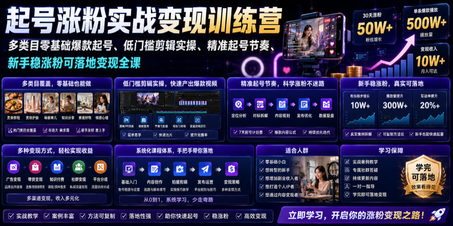 苗子起号涨粉实战变现训练营，多类目零基础爆款起号、精准起号节奏、新手稳涨粉可落地变现全课武野创库-网创项目资源站-副业项目-创业项目-搞钱项目野创库
