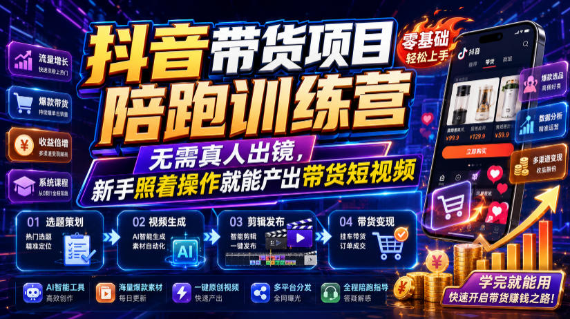 抖音带货项目陪跑训练营，无需真人出镜，新手照着操作就能产出带货短视频武野创库-网创项目资源站-副业项目-创业项目-搞钱项目野创库