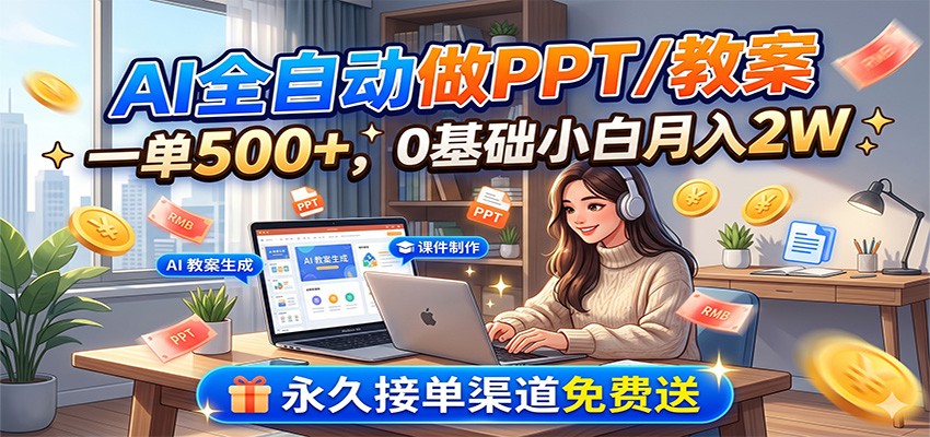 AI全自动做PPT/教案，一单500+，0基础小白月入2W，永久接单渠道免费送武野创库-网创项目资源站-副业项目-创业项目-搞钱项目野创库