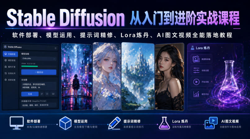 Stable Diffusion从入门到进阶实战课程｜软件部署、模型运用、提示词精修、Lora炼丹、AI图文视频全能落地教程武野创库-网创项目资源站-副业项目-创业项目-搞钱项目野创库