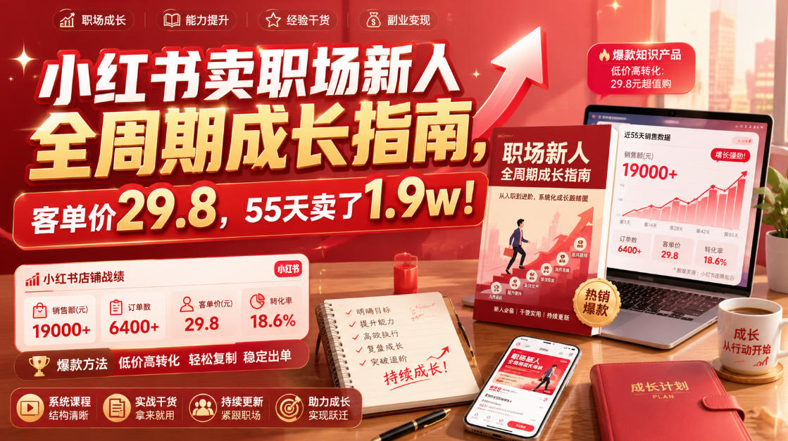 小红书卖职场新人全周期成长指南，客单价29.8，55天卖了1.9w！武野创库-网创项目资源站-副业项目-创业项目-搞钱项目野创库