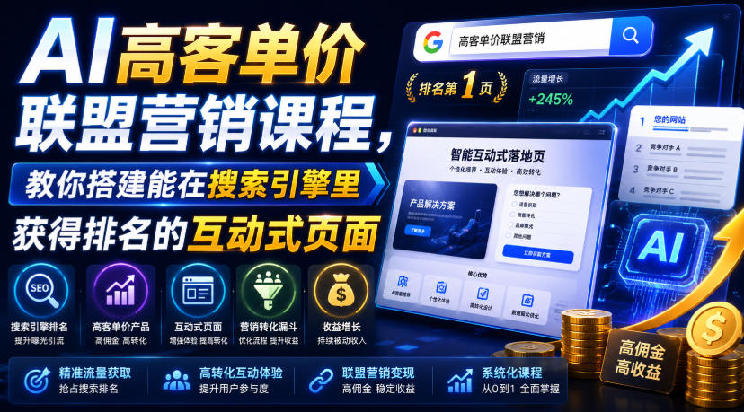 AI高客单价联盟营销课程，教你搭建能在搜索引擎里获得排名的互动式页面，引来流量，把访客转化为高佣金的成交【原创双语字幕】武野创库-网创项目资源站-副业项目-创业项目-搞钱项目野创库
