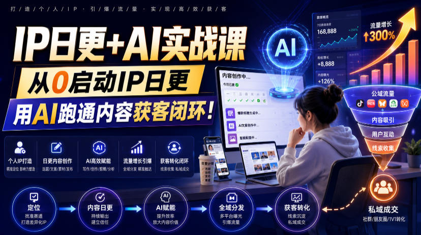 IP日更+AI实战课，从0启动IP日更，IP置顶视频制作+100条选题库搭建+10条日更规划，用AI跑通内容获客闭环!武野创库-网创项目资源站-副业项目-创业项目-搞钱项目野创库