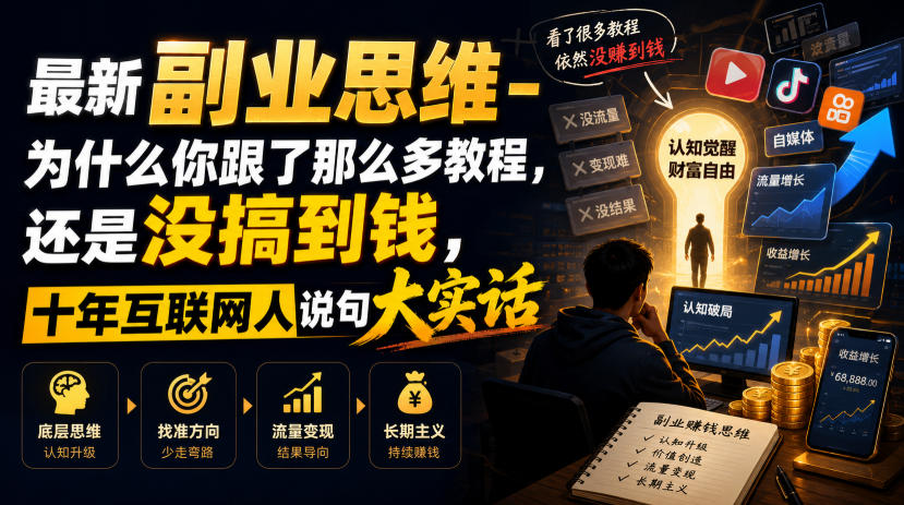 最新副业思维-为什么你跟了那么多教程，还是没搞到钱，十年互联网人说句大实话【揭秘】武野创库-网创项目资源站-副业项目-创业项目-搞钱项目野创库