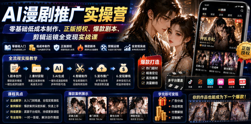 AI漫剧推广实操营｜零基础低成本制作、正版授权、爆款剧本、剪辑运镜全变现实战课武野创库-网创项目资源站-副业项目-创业项目-搞钱项目野创库