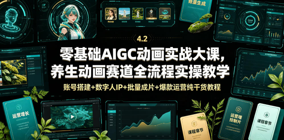 零基础AIGC动画实战大课，养生动画赛道全流程实操教学，账号搭建+数字人IP+批量成片+爆款运营纯干货教程武野创库-网创项目资源站-副业项目-创业项目-搞钱项目野创库