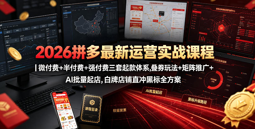 2026拼多多最新运营实战课程｜微付费+半付费+强付费三套起款体系，叠券玩法+矩阵推广+AI批量起店，白牌店铺直冲黑标全方案武野创库-网创项目资源站-副业项目-创业项目-搞钱项目野创库