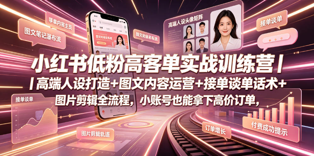 小红书低粉高客单实战训练营｜高端人设打造+图文内容运营+接单谈单话术+图片剪辑全流程，小账号也能拿下高价订单武野创库-网创项目资源站-副业项目-创业项目-搞钱项目野创库