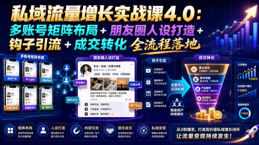 私域流量增长实战课4.0：多账号矩阵布局+朋友圈人设打造+钩子引流+成交转化全流程落地武野创库-网创项目资源站-副业项目-创业项目-搞钱项目野创库