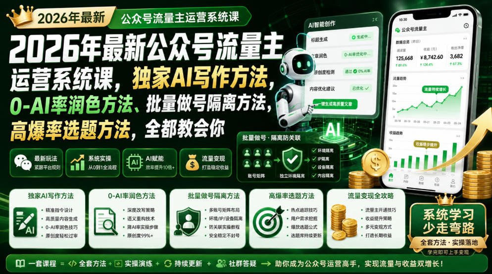 2026年最新公众号流量主运营系统课，独家AI写作方法，0-AI率润色方法、批量做号隔离方法、高爆率选题方法，全都教会你武野创库-网创项目资源站-副业项目-创业项目-搞钱项目野创库